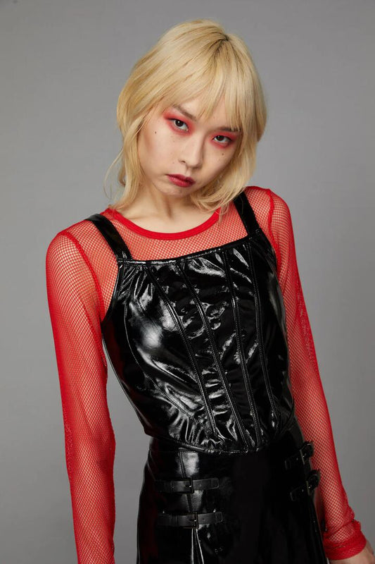 Image of a model wearing Tops. Productname: PU Contrast Panel Top in Black colour by brand - Black Friday