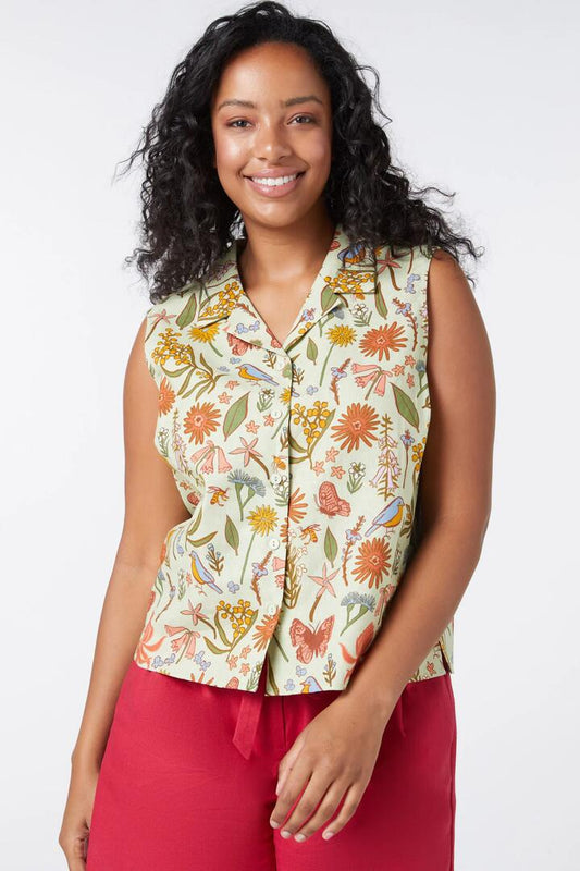 Image of a model wearing Tops. Productname: Native Fauna Sleeveless Blouse in Green colour by brand - Princess Highway