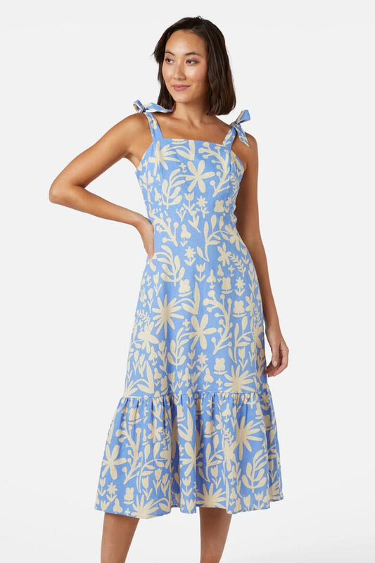 Image of a model wearing Dress. Productname: Della Floral Sun Dress in Blue colour by brand - Princess Highway