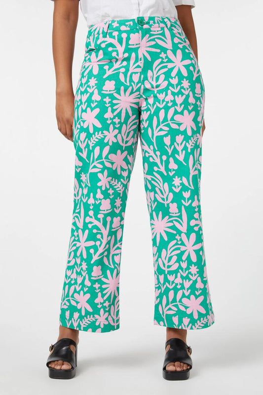 Image of a model wearing Denim. Productname: Della Floral Printed Jean in Green colour by brand - Princess Highway
