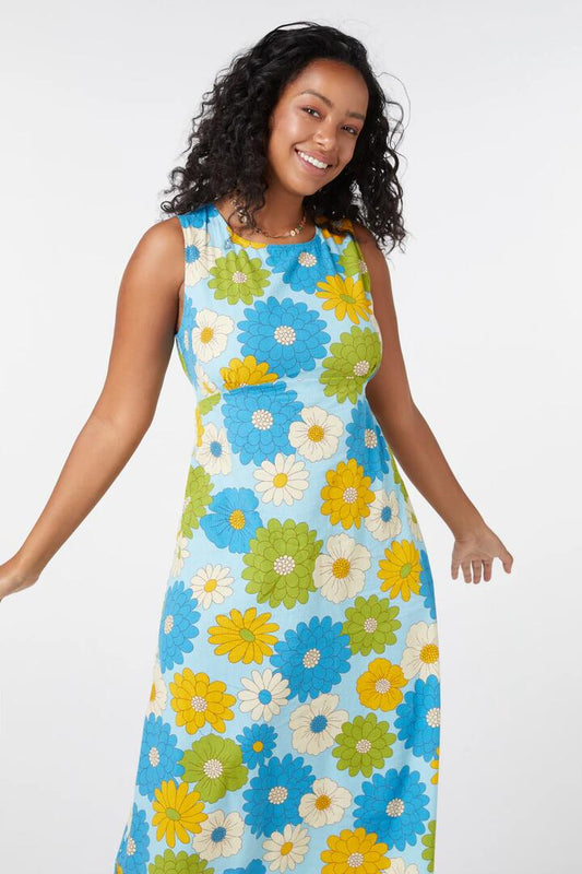 Image of a model wearing Dress. Productname: Susan Floral Midi Dress in Blue colour by brand - Princess Highway