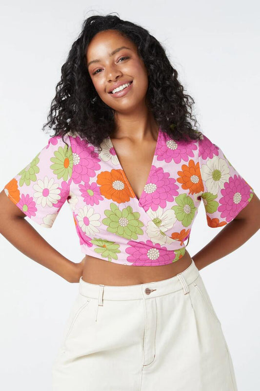 Image of a model wearing Tops. Productname: Susan Floral Wrap Top in Pink colour by brand - Princess Highway