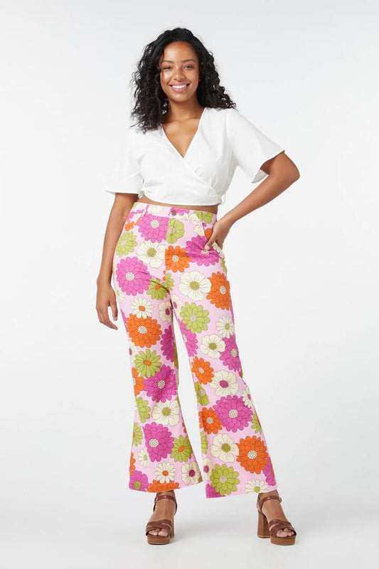 Image of a model wearing Denim. Productname: Susan Floral Flare Jean in Pink colour by brand - Princess Highway