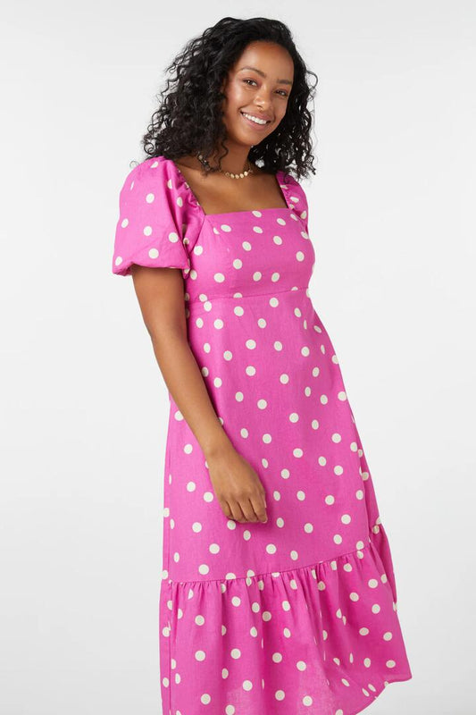 Image of a model wearing Dress. Productname: Lucy Polka Dot Midi Dress in Blue colour by brand - Princess Highway