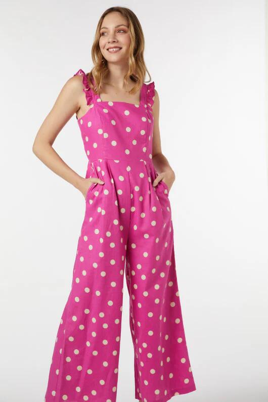 Image of a model wearing Outerwear. Productname: Lucy Polka Dot Jumpsuit in Pink colour by brand - Princess Highway