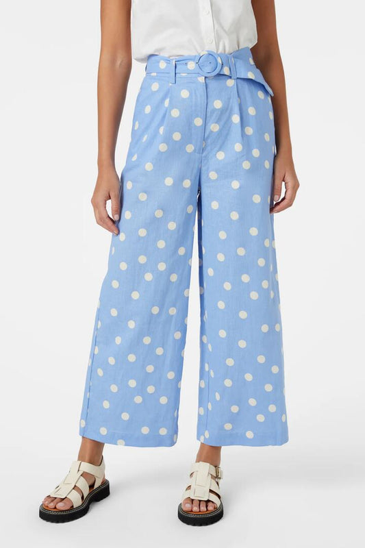 Image of a model wearing Pants. Productname: Lucy Polka Dot Pant in Blue colour by brand - Princess Highway