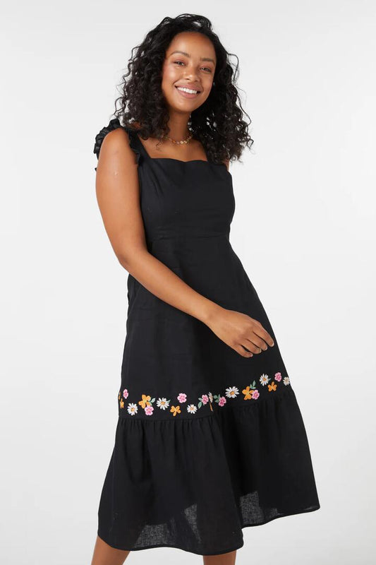 Image of a model wearing Dress. Productname: Wendy Emb Midi Dress in Black colour by brand - Princess Highway