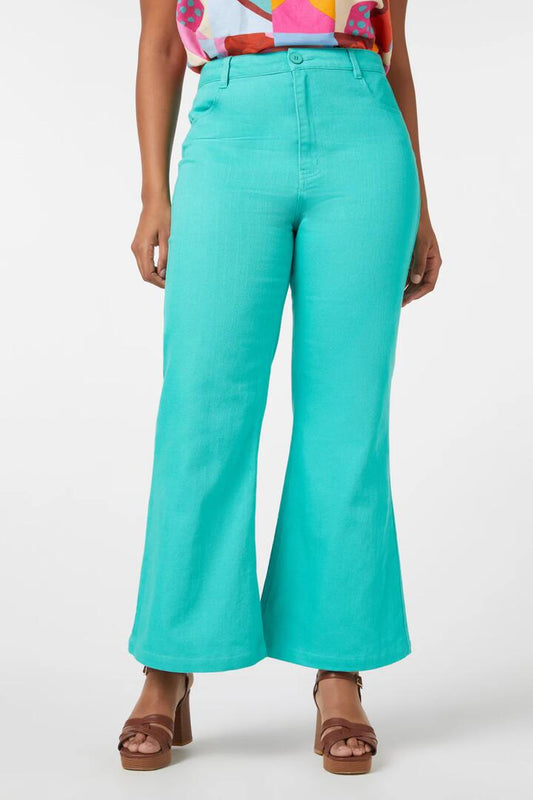 Image of a model wearing Denim. Productname: Renee Flare Jean in Green colour by brand - Princess Highway