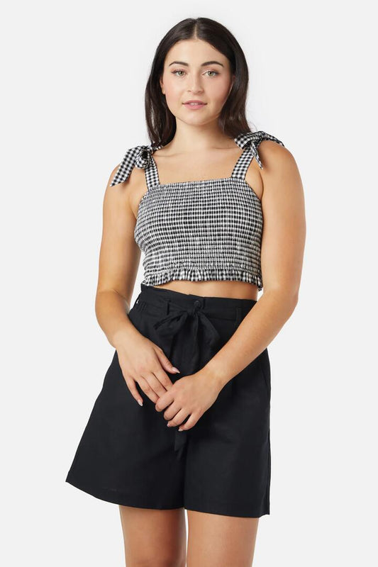 Image of a model wearing Tops. Productname: Tessa Check Shirred Top in Black colour by brand - Princess Highway