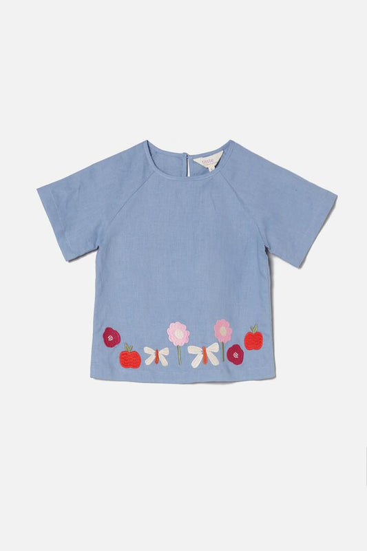 Image of a model wearing Tops. Productname: All Sorts Garden Emb Top in Blue colour by brand - Princess Highway Kids