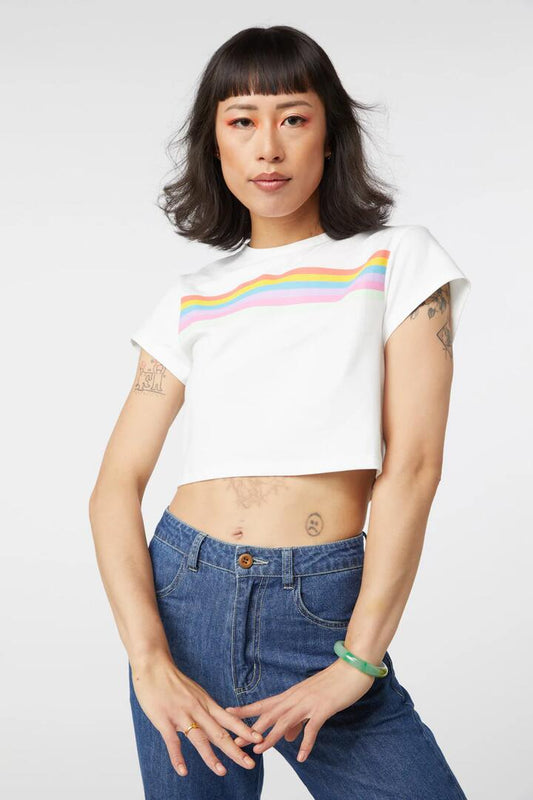 Image of a model wearing Tops. Productname: Rise and Shine Tee in White colour by brand - Dangerfield