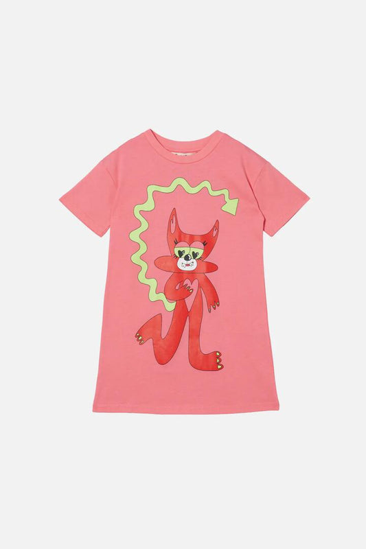 Image of a model wearing Dress. Productname: Devilish Girl Kids Tshirt Dress in Pink colour by brand - Dangerkids