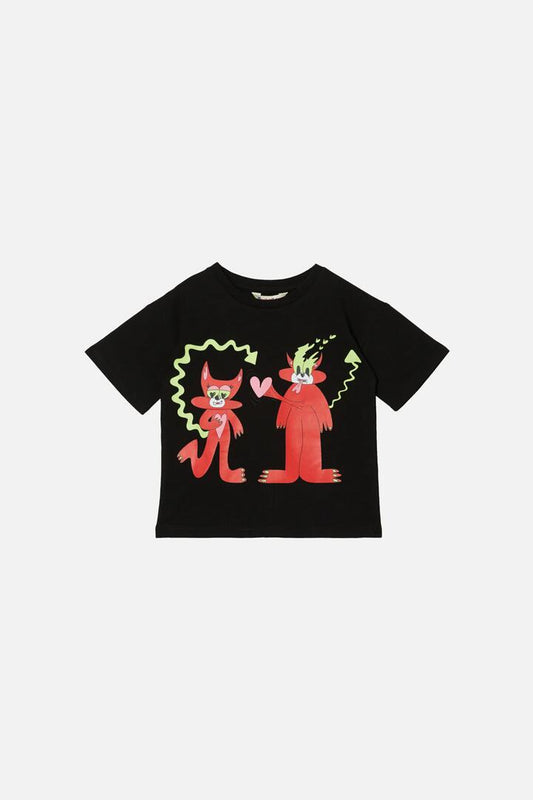 Image of a model wearing Shorts. Productname: Devilish Guys Kids Short Sleeve Tee in Black colour by brand - Dangerkids