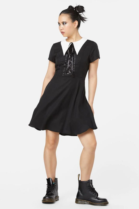 Image of a model wearing Dress. Productname: All Tied Up Gothic Dress in Black colour by brand - Black Friday