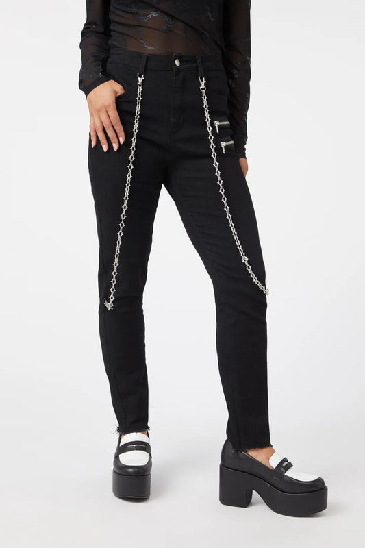 Image of a model wearing Denim. Productname: Grunge Skinny Jean in Black colour by brand - Dangerfield