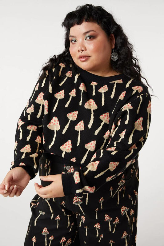 Image of a model wearing Outerwear. Productname: Curve Shroom Knit Jumper in Black colour by brand - Dangerfield