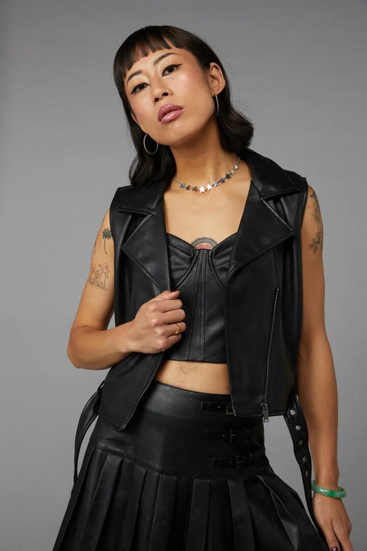 Image of a model wearing Tops. Productname: Back At It PU Biker Vest in Black colour by brand - Black Friday