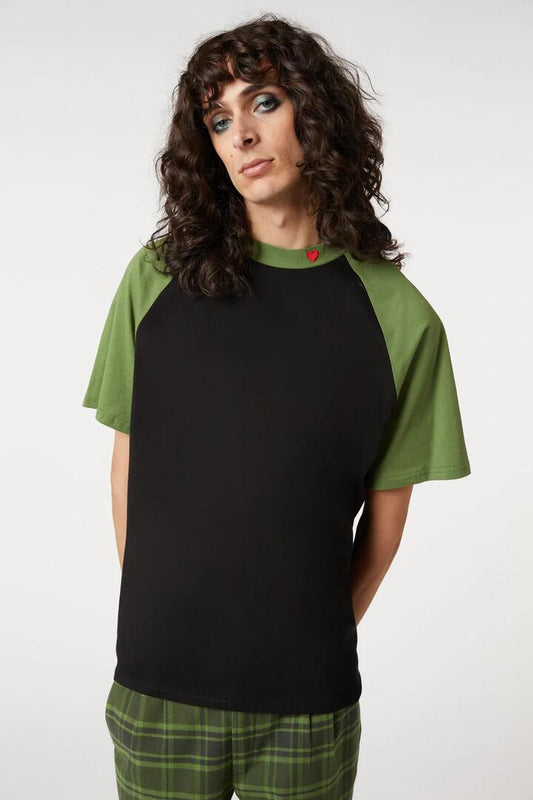 Image of a model wearing Tops. Productname: Queens Temper Raglan Tee in Olive/Black colour by brand - Dangerfield