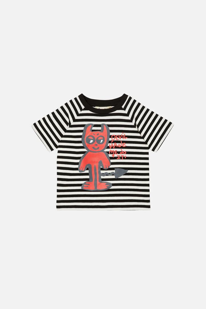 Image of a model wearing Shorts. Productname: Devilish Stripe Kids Short Sleeve Tee in Black/White colour by brand - Dangerkids
