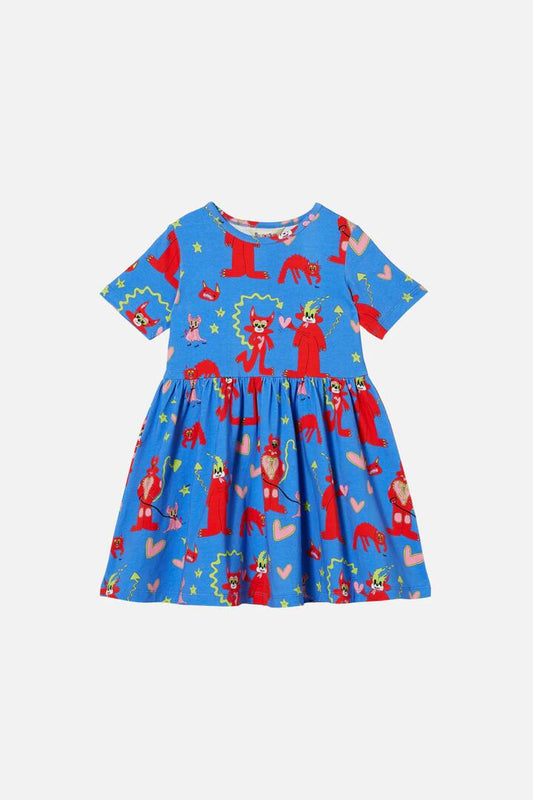 Image of a model wearing Dress. Productname: Devils In Love Kids Dress in Blue colour by brand - Dangerkids