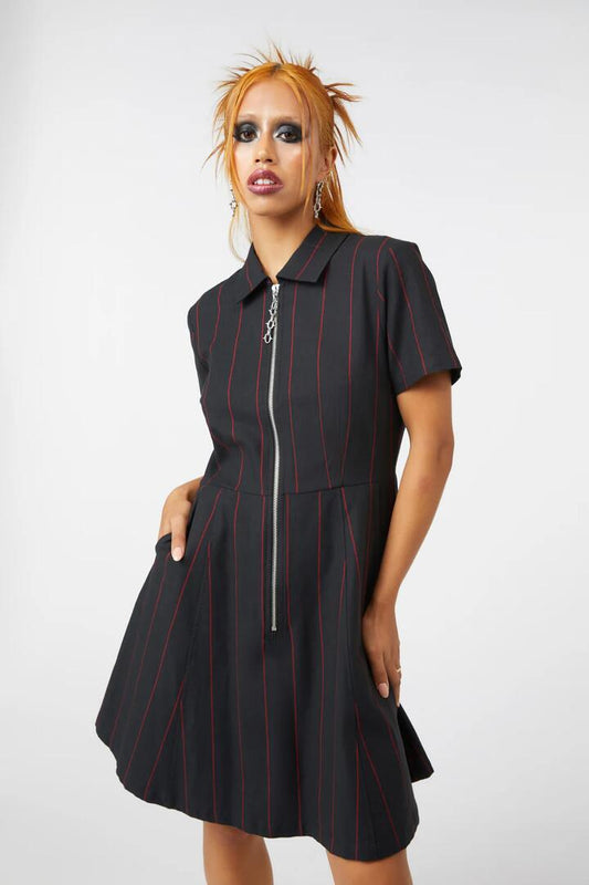 Image of a model wearing Dress. Productname: Impossible Things Pin Stripe Dress in Black colour by brand - Dangerfield