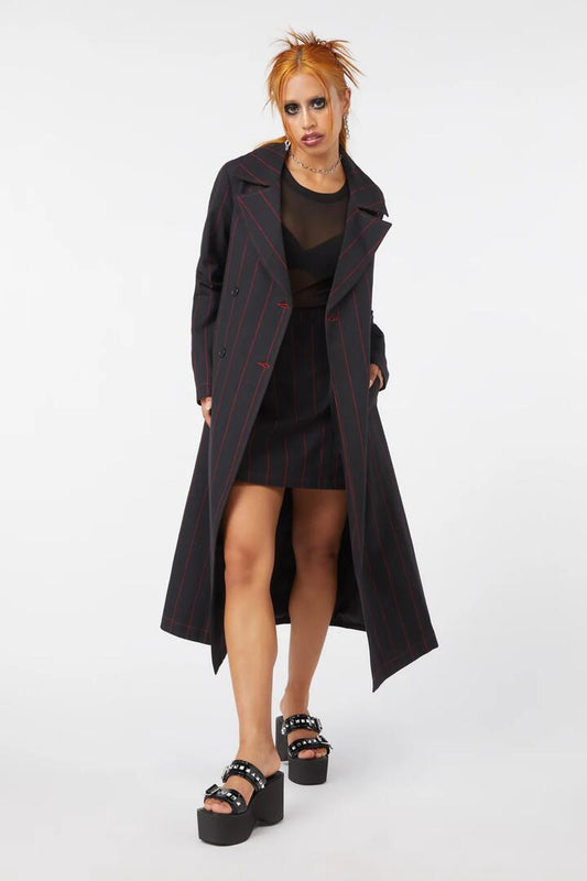 Image of a model wearing Outerwear. Productname: Impossible Things Pin Stripe Coat in Black colour by brand - Dangerfield