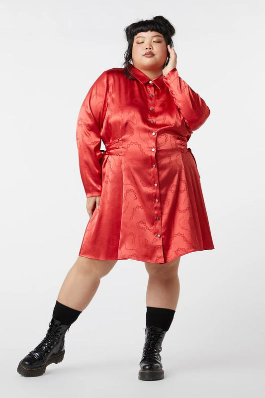 Image of a model wearing Dress. Productname: Curve Under Sentence Satin Dress in Red colour by brand - Dangerfield