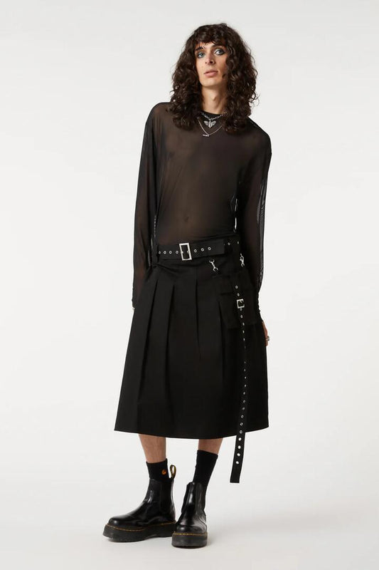 Image of a model wearing Skirts. Productname: Classic Buckle Kilt in Black colour by brand - Dangerfield