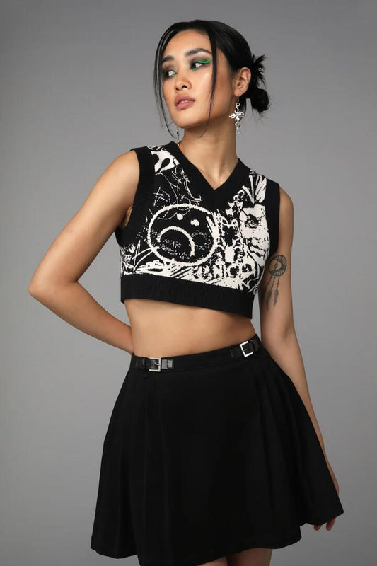Image of a model wearing Tops. Productname: Back Alley Knit Vest in Black colour by brand - Black Friday
