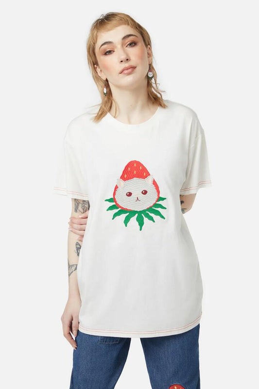 Image of a model wearing Tops. Productname: Strawberry Surprise Tee in Cream colour by brand - Dangerfield