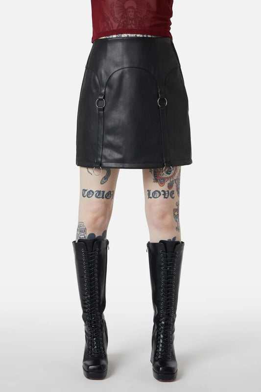 Image of a model wearing Skirts. Productname: Guarded Pu Skirt in Black colour by brand - Dangerfield