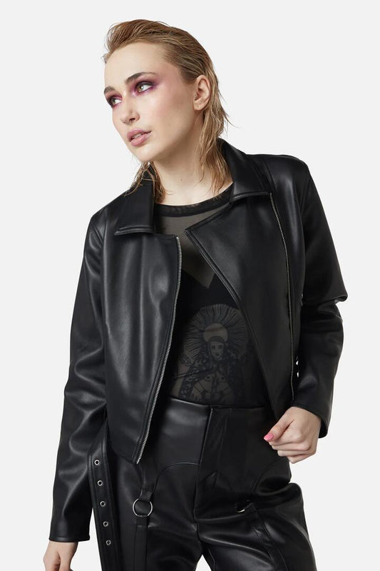 Image of a model wearing Outerwear. Productname: Ornate Metal Pu Jacket in Black colour by brand - Dangerfield