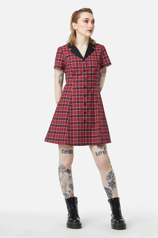 Image of a model wearing Dress. Productname: Revenge Tartan Collar Dress in Maroon colour by brand - Dangerfield