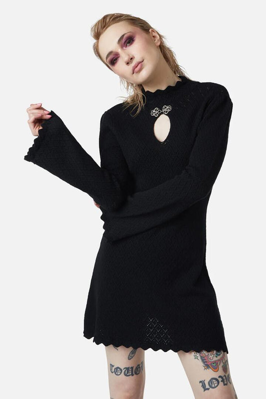 Image of a model wearing Dress. Productname: Crochet Knit Mini Dress in Black colour by brand - Dangerfield