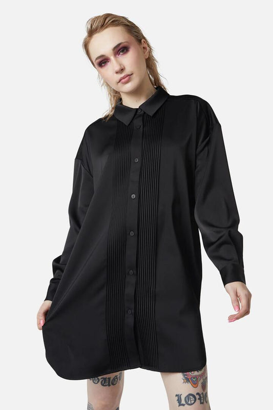 Image of a model wearing Dress. Productname: Satin Tux Shirt Dress in Black colour by brand - Dangerfield