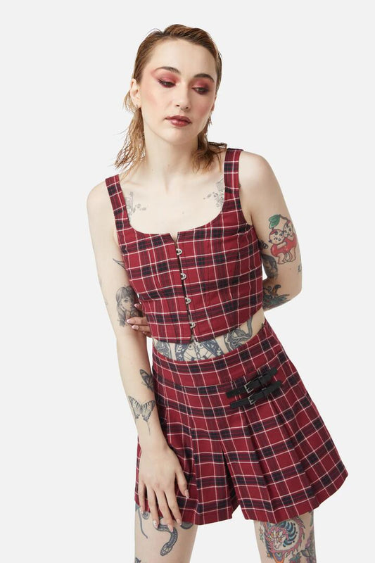 Image of Lingerie. Productname: Revenge Tartan Corset Top in Maroon colour by brand - Dangerfield