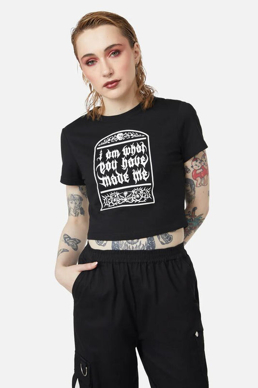 Image of a model wearing Tops. Productname: Til Death Printed Tee in Black colour by brand - Dangerfield