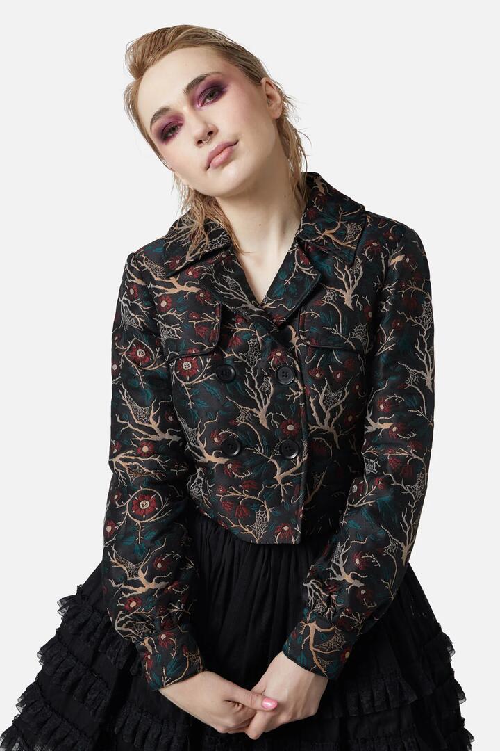 Image of a model wearing Outerwear. Productname: Satis Ruin Crop Jacket in Black/Green colour by brand - Dangerfield