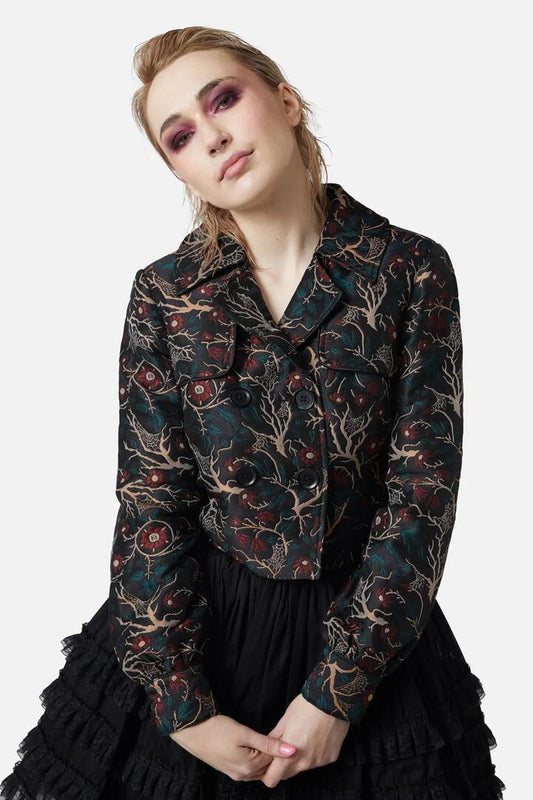 Image of a model wearing Outerwear. Productname: Satis Ruin Crop Jacket in Black/Green colour by brand - Dangerfield