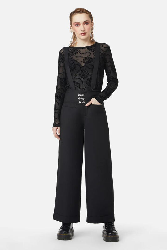 Image of a model wearing Pants. Productname: Ornate Tux High Rise Pant in Black colour by brand - Dangerfield