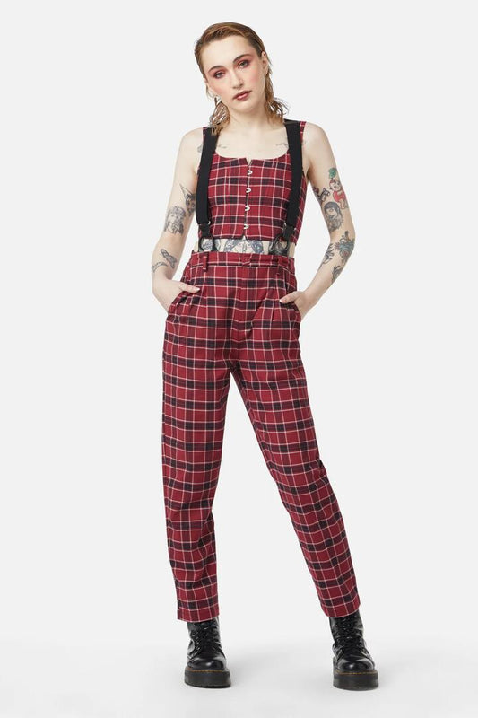 Image of a model wearing Pants. Productname: Revenge Tartan Brace Trouser in Maroon colour by brand - Dangerfield
