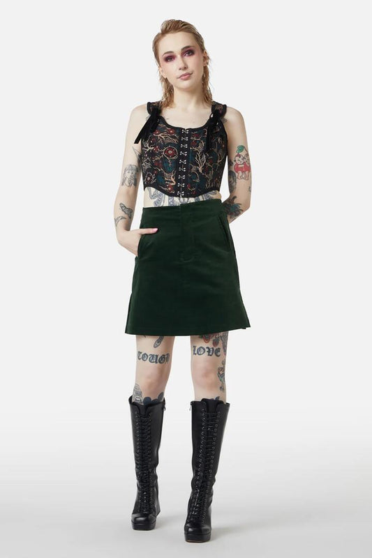 Image of a model wearing Skirts. Productname: At The Alter Mini Skirt in Emerald colour by brand - Dangerfield