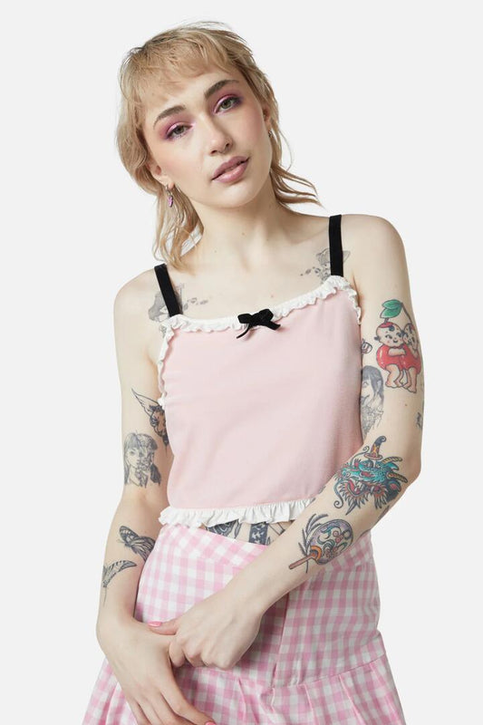 Image of a model wearing Tops. Productname: Ammabelle Velvet Tank in Pink colour by brand - Dangerfield
