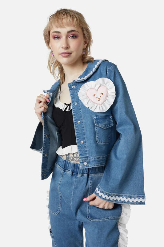Image of a model wearing Denim. Productname: Sailor Teddy Denim Jacket in Denim Blue colour by brand - Dangerfield