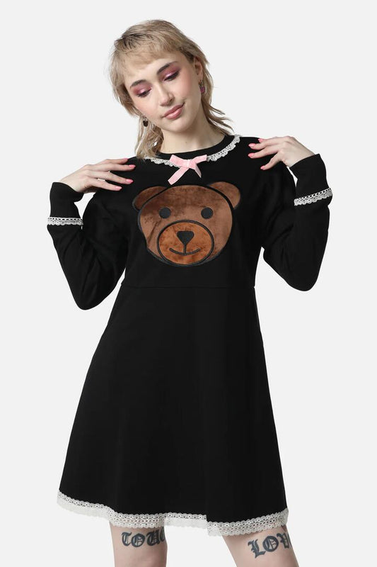 Image of a model wearing Dress. Productname: Teddy Lace Jersey Dress in Black colour by brand - Dangerfield