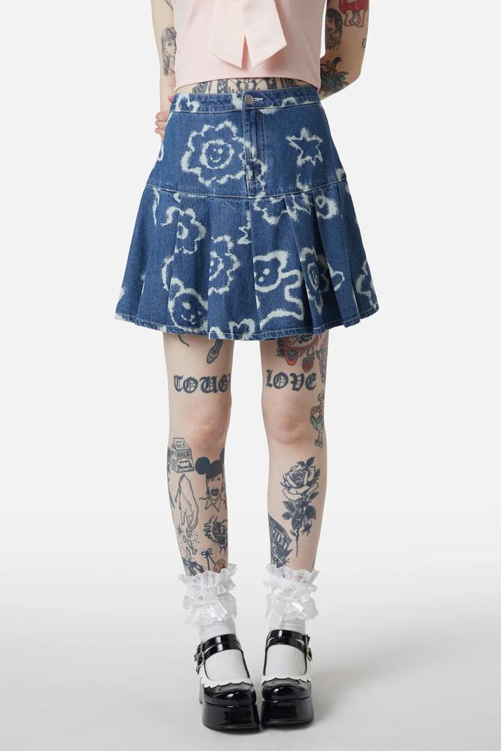 Image of a model wearing Denim. Productname: White Out Denim Skirt in Denim Blue colour by brand - Dangerfield