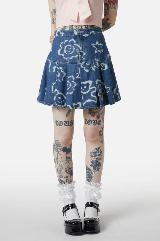 Image of a model wearing Denim. Productname: White Out Denim Skirt in Denim Blue colour by brand - Dangerfield