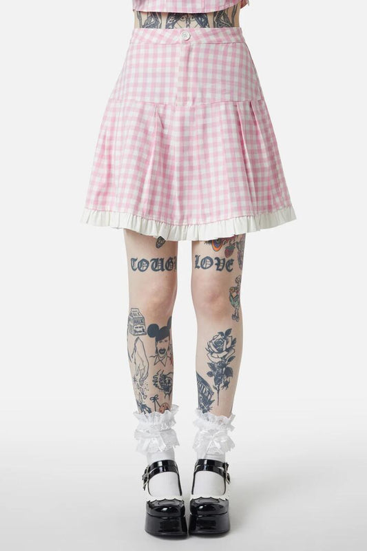 Image of a model wearing Skirts. Productname: Picnic Party Pleated Skirt in Pink colour by brand - Dangerfield