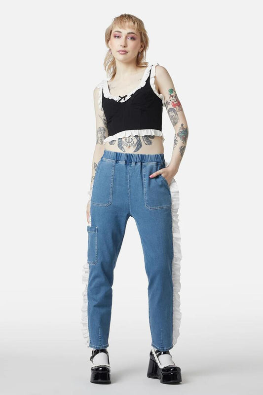 Image of a model wearing Denim. Productname: Ruffle Denim Cargo Pant in Denim Blue colour by brand - Dangerfield