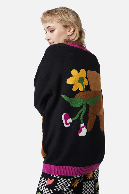 Image of a model wearing Outerwear. Productname: Becoming Friends Fluffy Cardi in Black colour by brand - Dangerfield